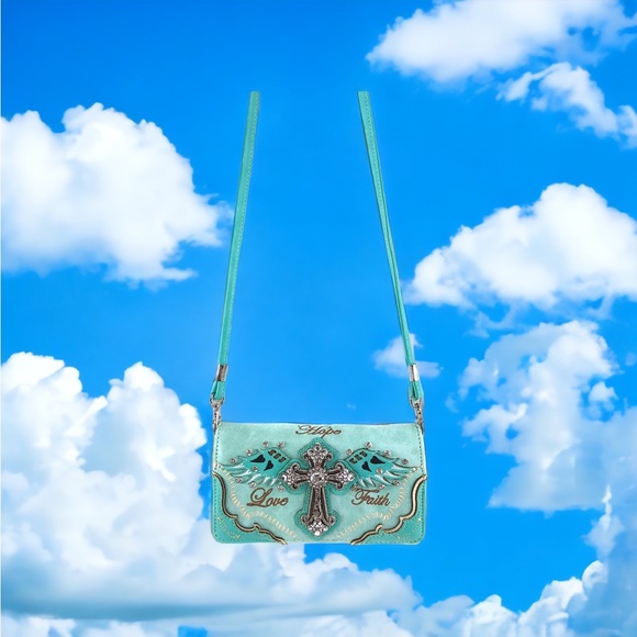 NWT -Faith Love Hope Cross Angel Wing Bible Women’s Crossbody Trifold Wallet- - Picture 3 of 4